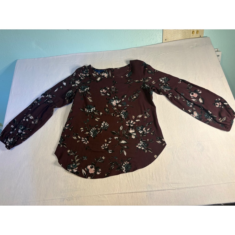 Apt. 9 Womens Medium Burgundy Floral Balloon Sleeve Keyhole Back Blouse 1317